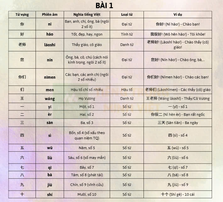 Từ vựng bài 1: Xin chào sách MSUTONG sơ cấp quyển 1